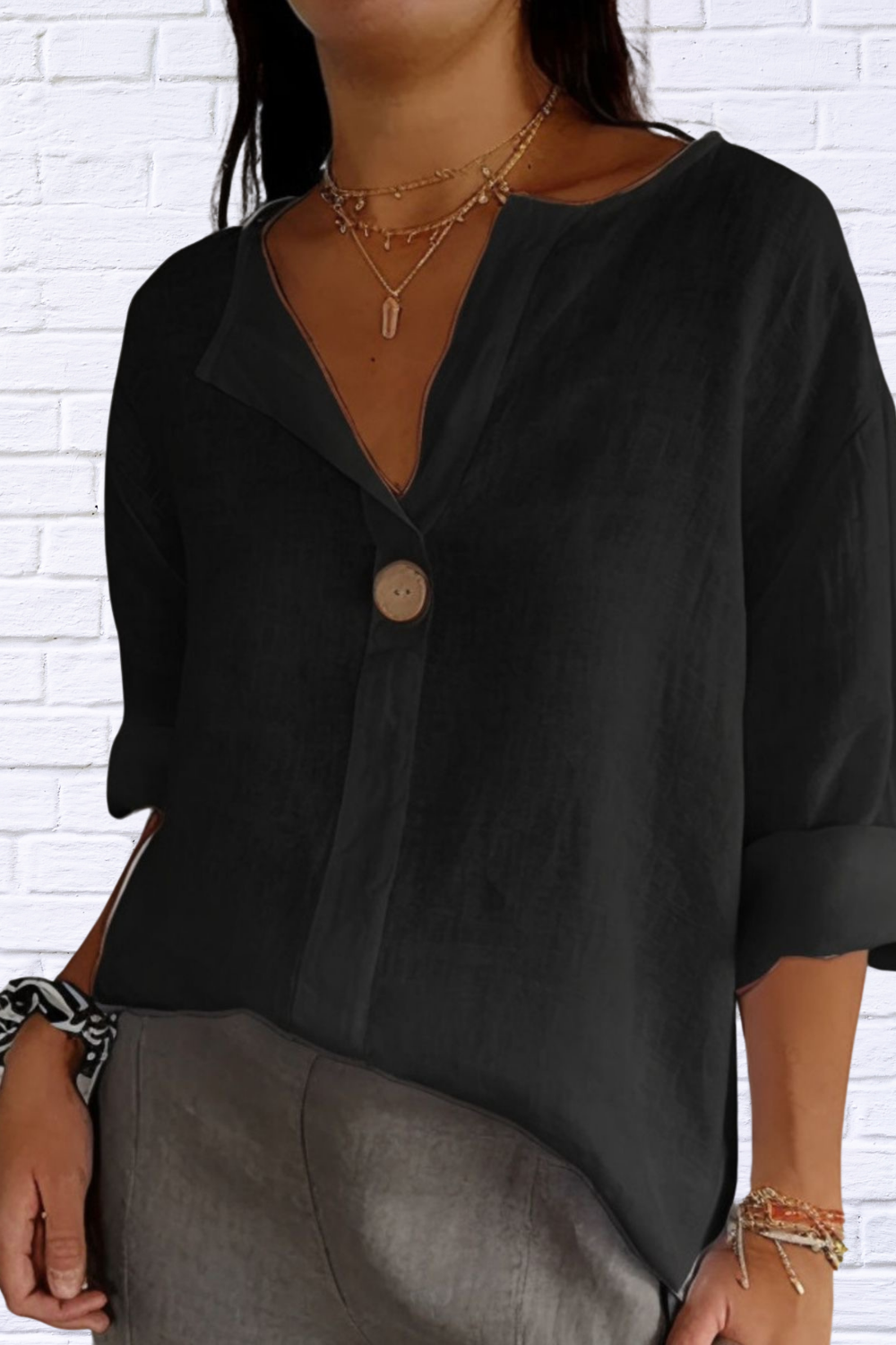 Full Size Linen Blend Notched Blouse Plus Size