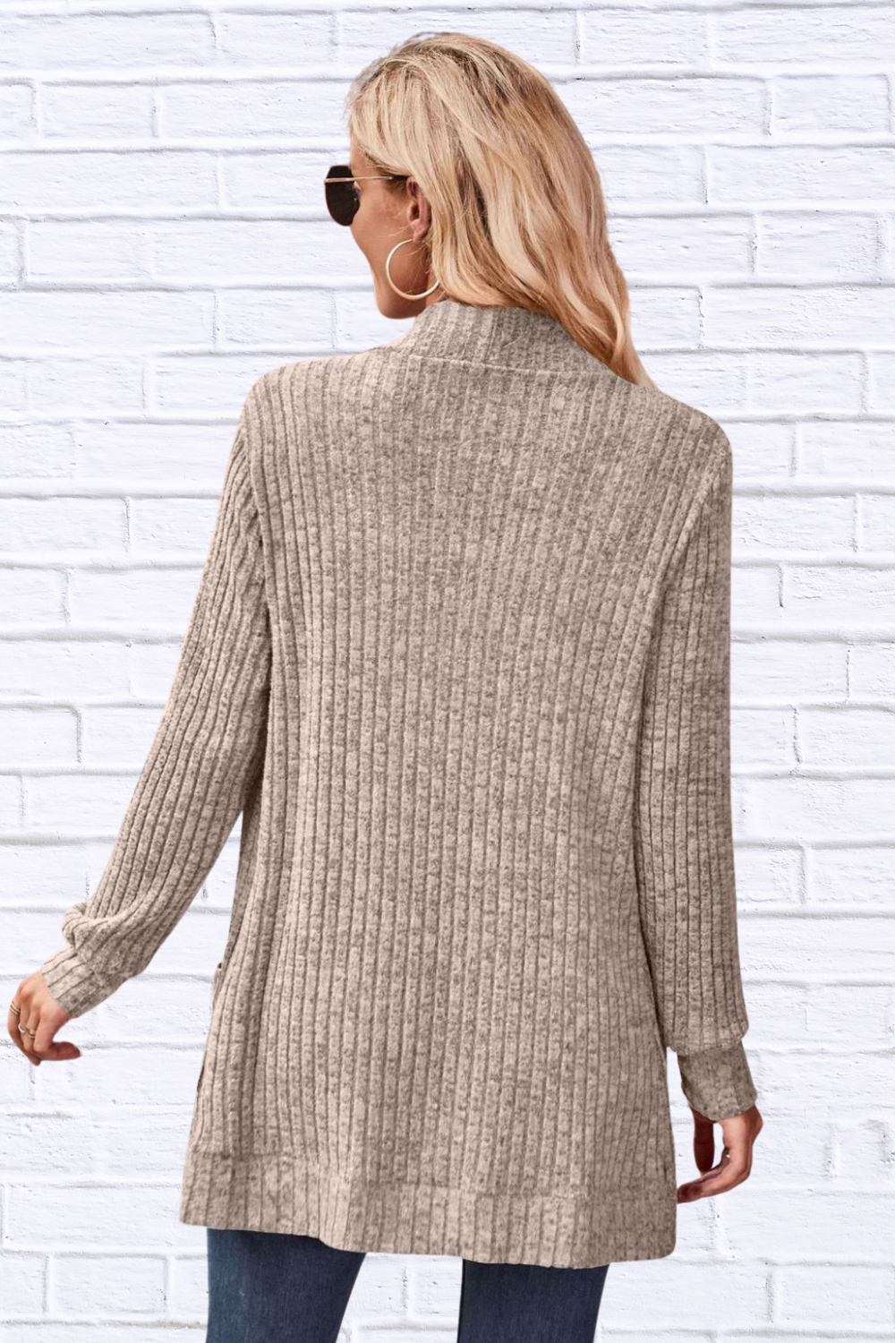 Ribbed Open Front Long Cardigan with Pockets