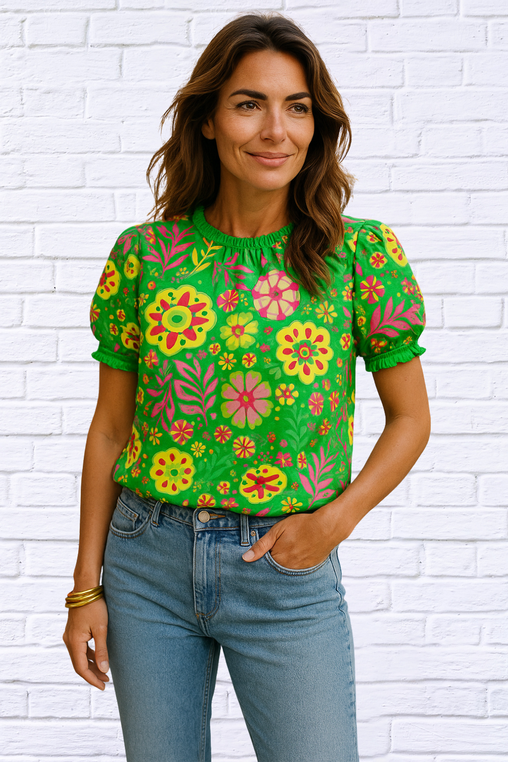 Vibrant Floral Puff Sleeve Blouse – Green