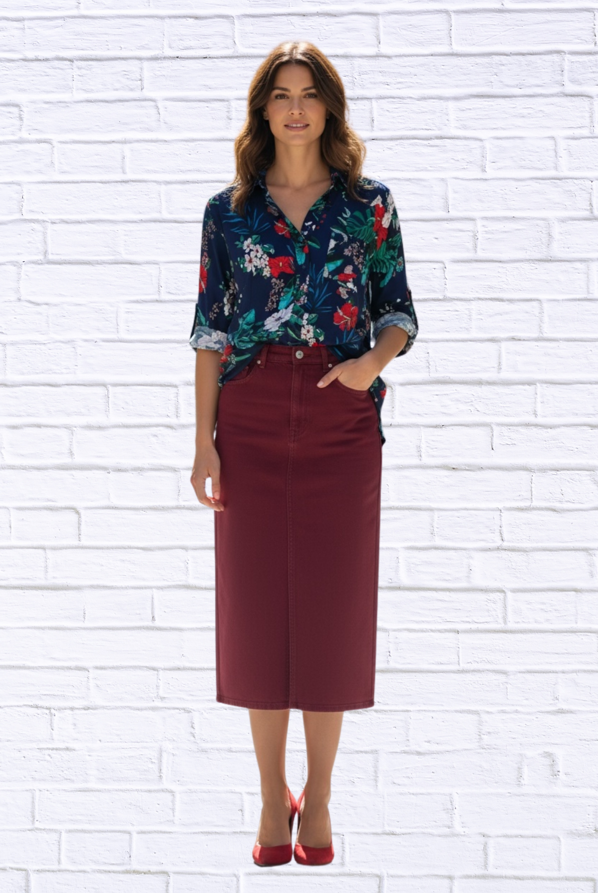 Tropical Floral Viscose Button-Up Shirt – Collared Long Sleeve Blouse with Front Pocket