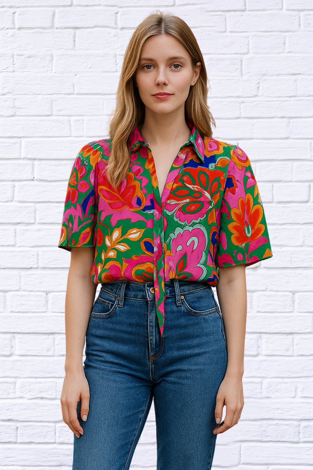 Tropical Print Short Sleeve Tie Neck Blouse – Multicolor
