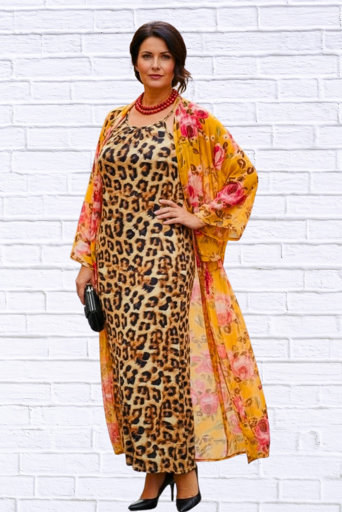 Demi Column Maxi Dress - Tangerine/Cerise Pink / Animal Combo