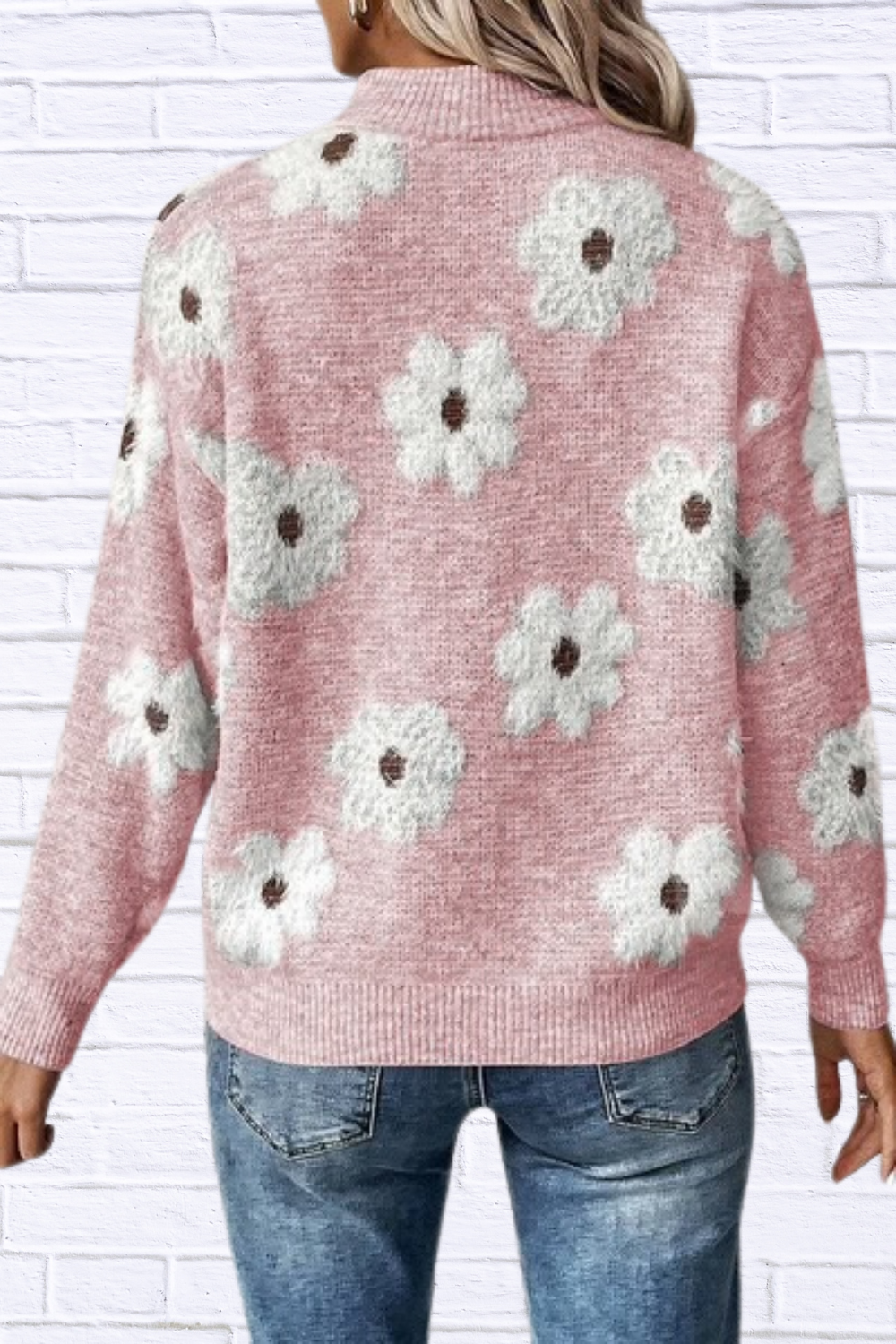 Women Floral Pattern Zip Drop Shoulder Sweater
