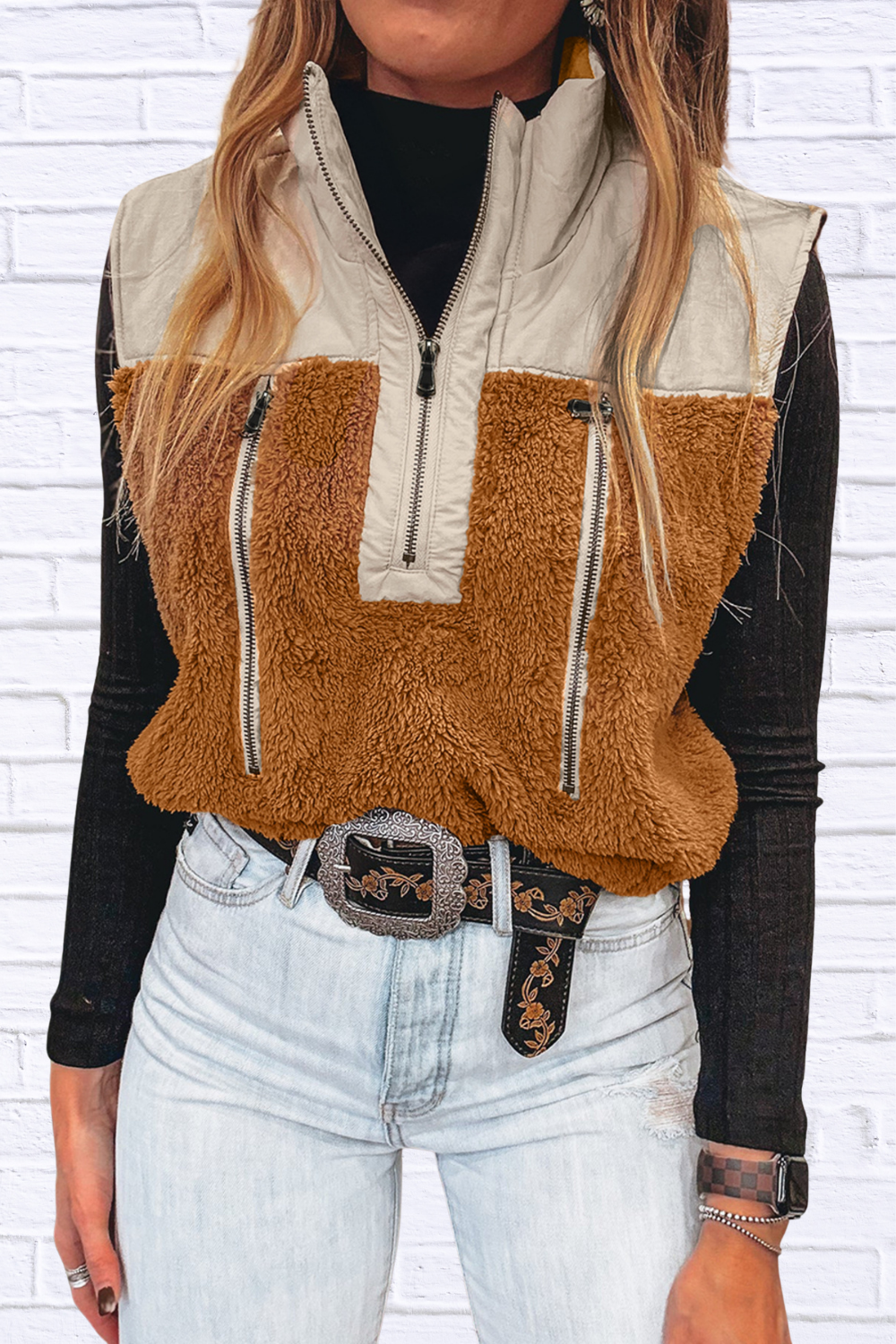 Color Block Plush Patchwork Zipper Stand Neck Vest Coat