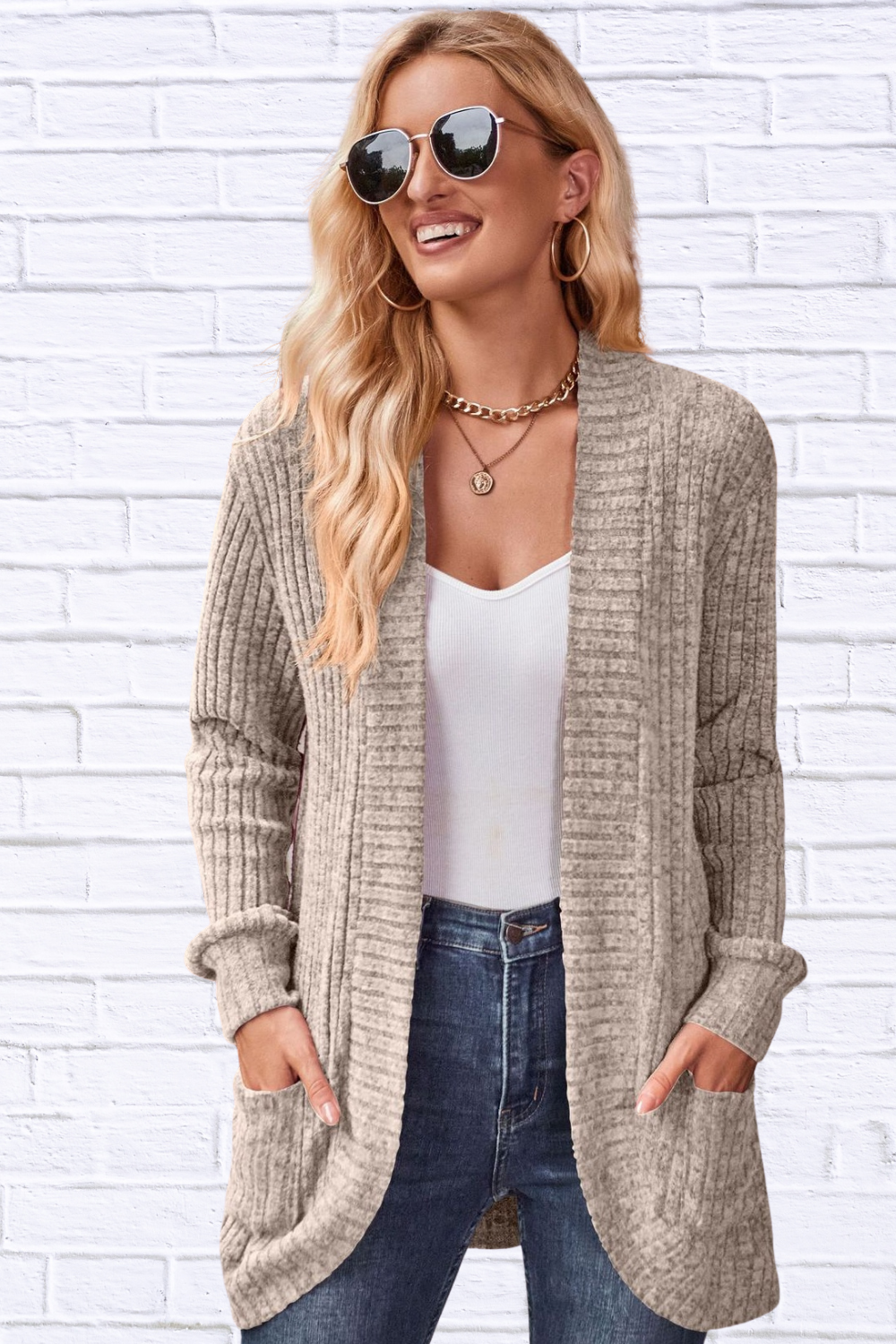 Ribbed Open Front Long Cardigan with Pockets