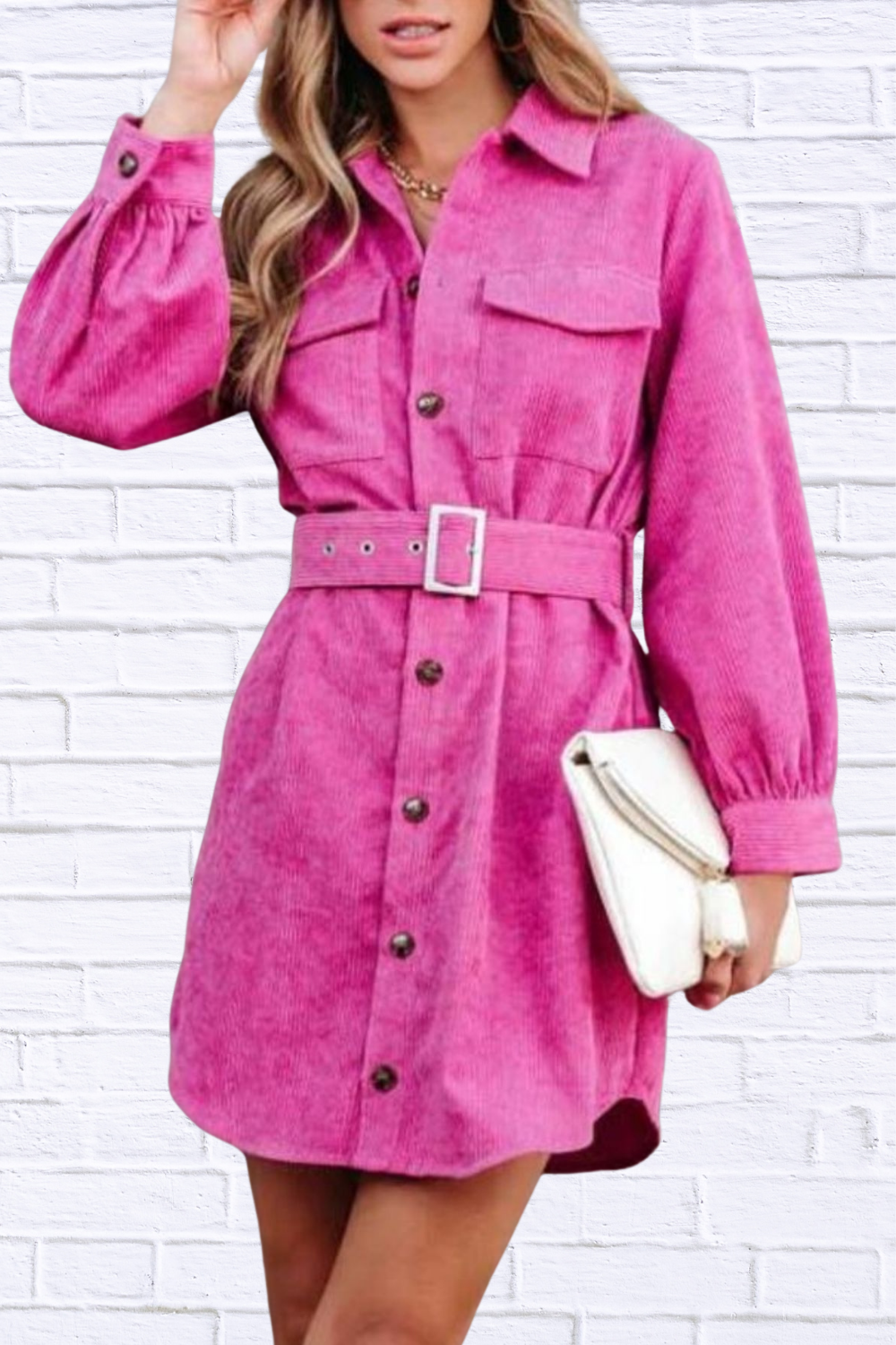 Button Front Belt Long Sleeve Corduroy Dress