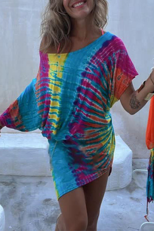 Cold Shoulder Short Sleeve Tie Dye Mini Dress