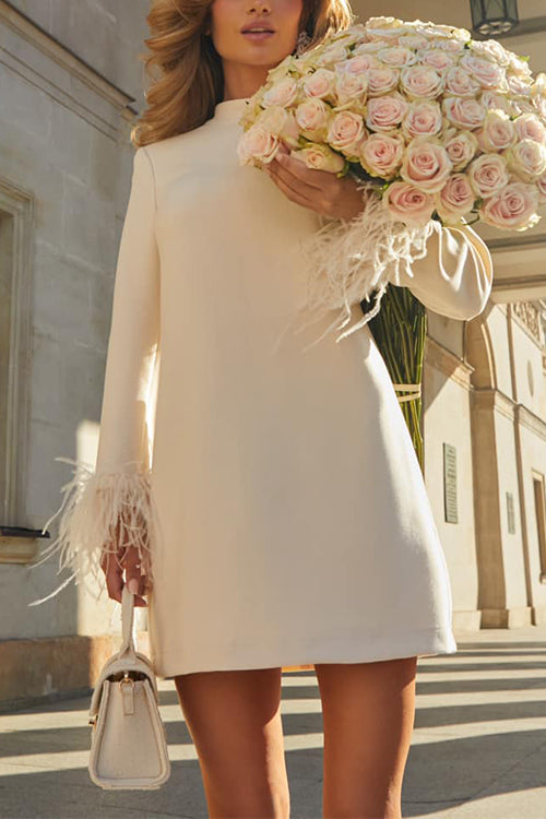 Mockneck Feather Trim Long Sleeves Mini Dress
