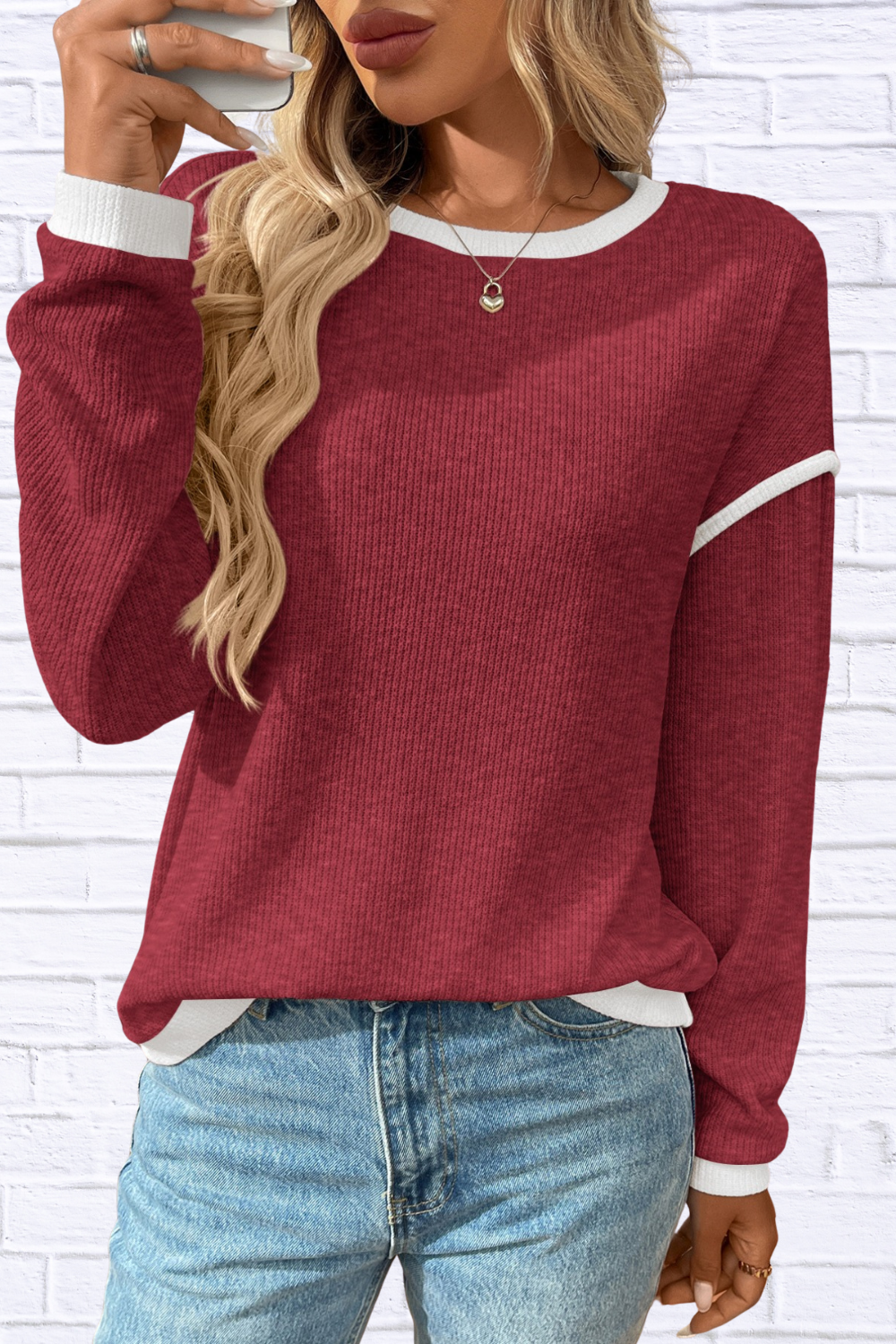Ribbed Contrast Trim Long Sleeve Top