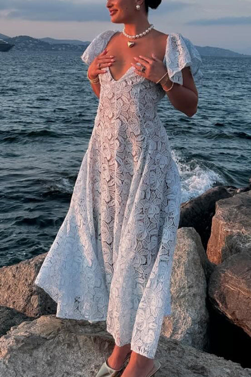 V Neck Flare Sleeves Floral Lace Midi Dress