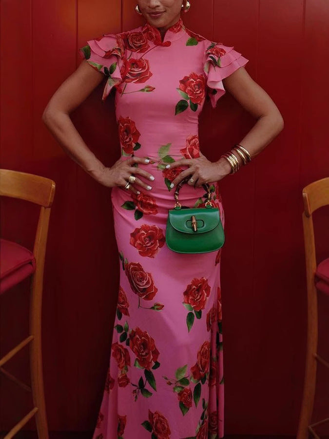 Cheongsam Style Rose Floral Print Tiered Flare Sleeve Stretch Maxi Dress