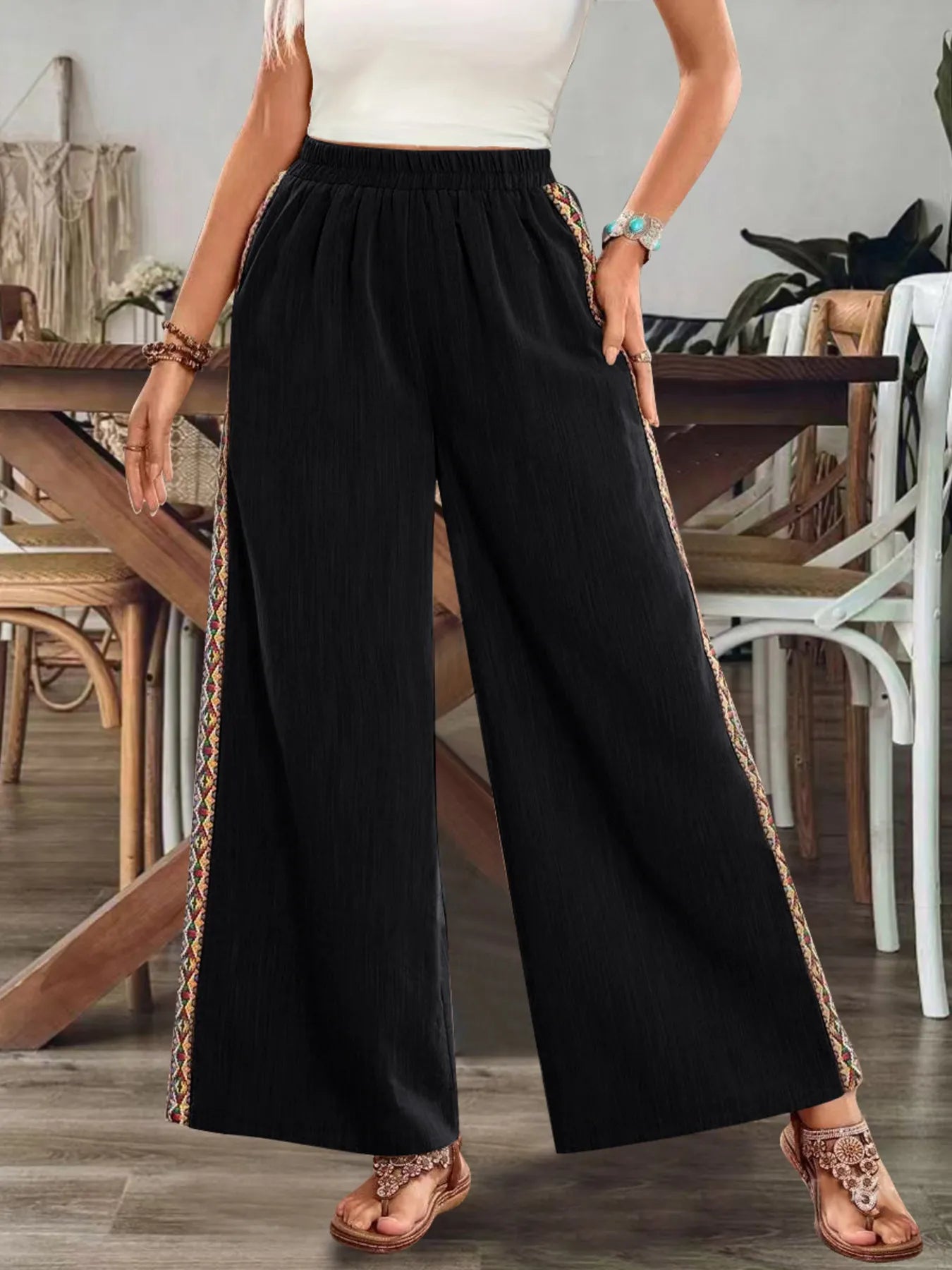 Bohemian Wide Leg Embroidered Side Stripe Pants