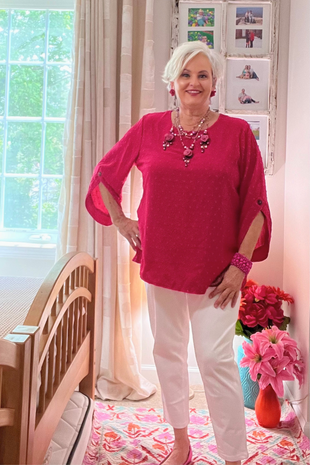 Swiss Dot Round Neck Petal Sleeve Top – Cerise Pink