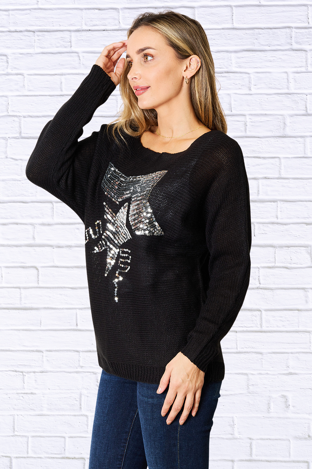Sequin Graphic Dolman Sleeve Knit Top