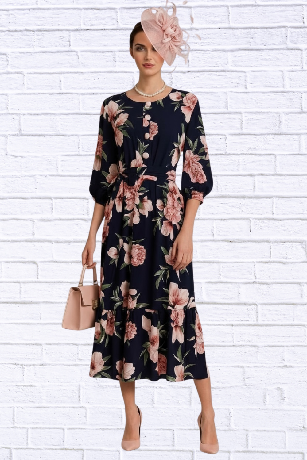 🌸 Navy Floral Midi Dress with Belt and Side Pockets