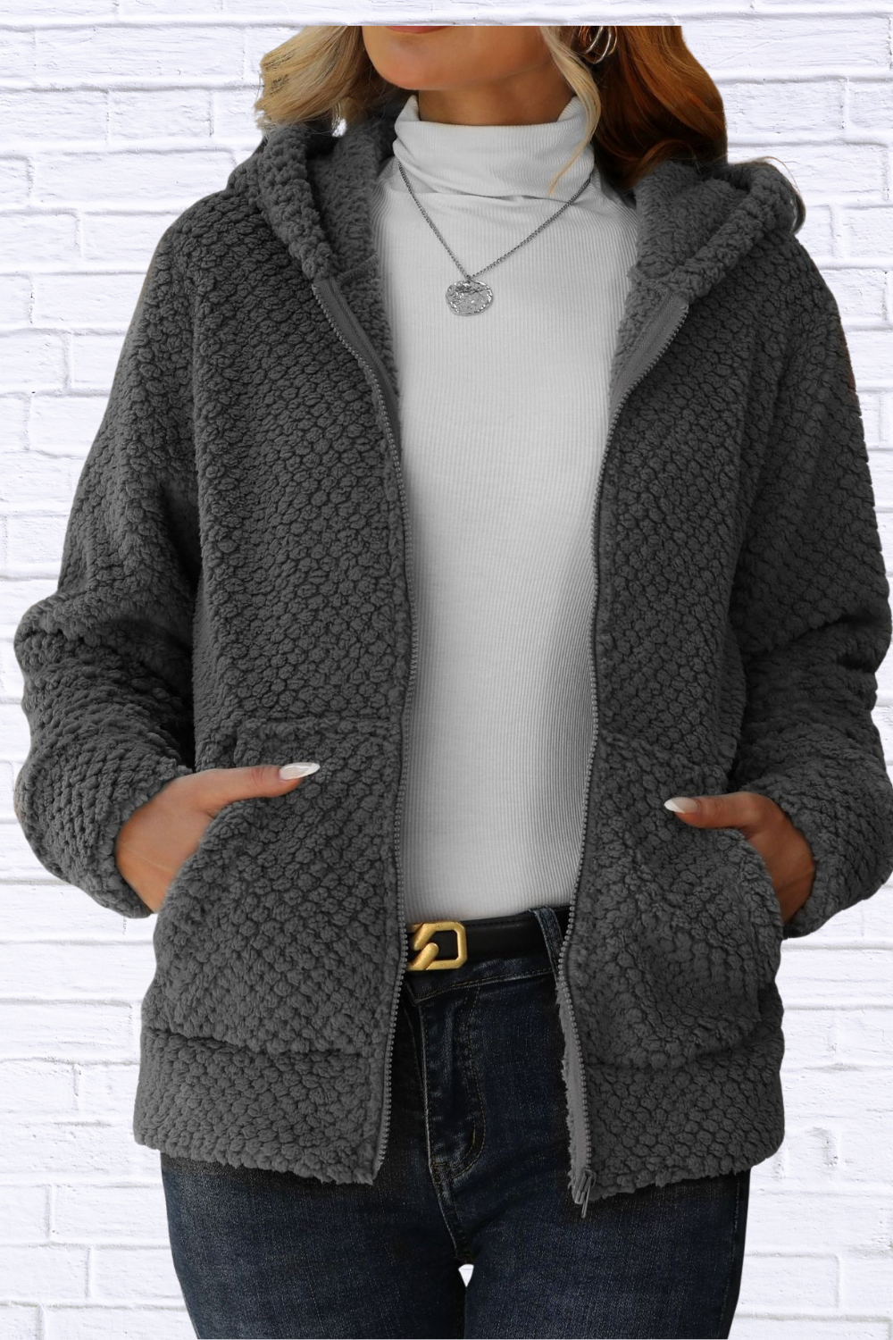 Textured Knit Zip-Up Hooded Outerwear