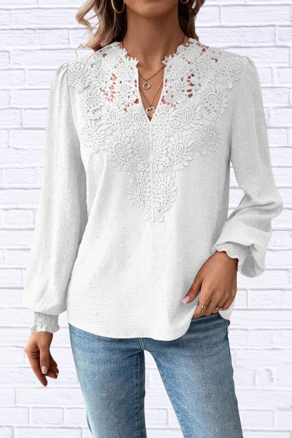 Swiss Dot Lace Detail Long Sleeve Blouse