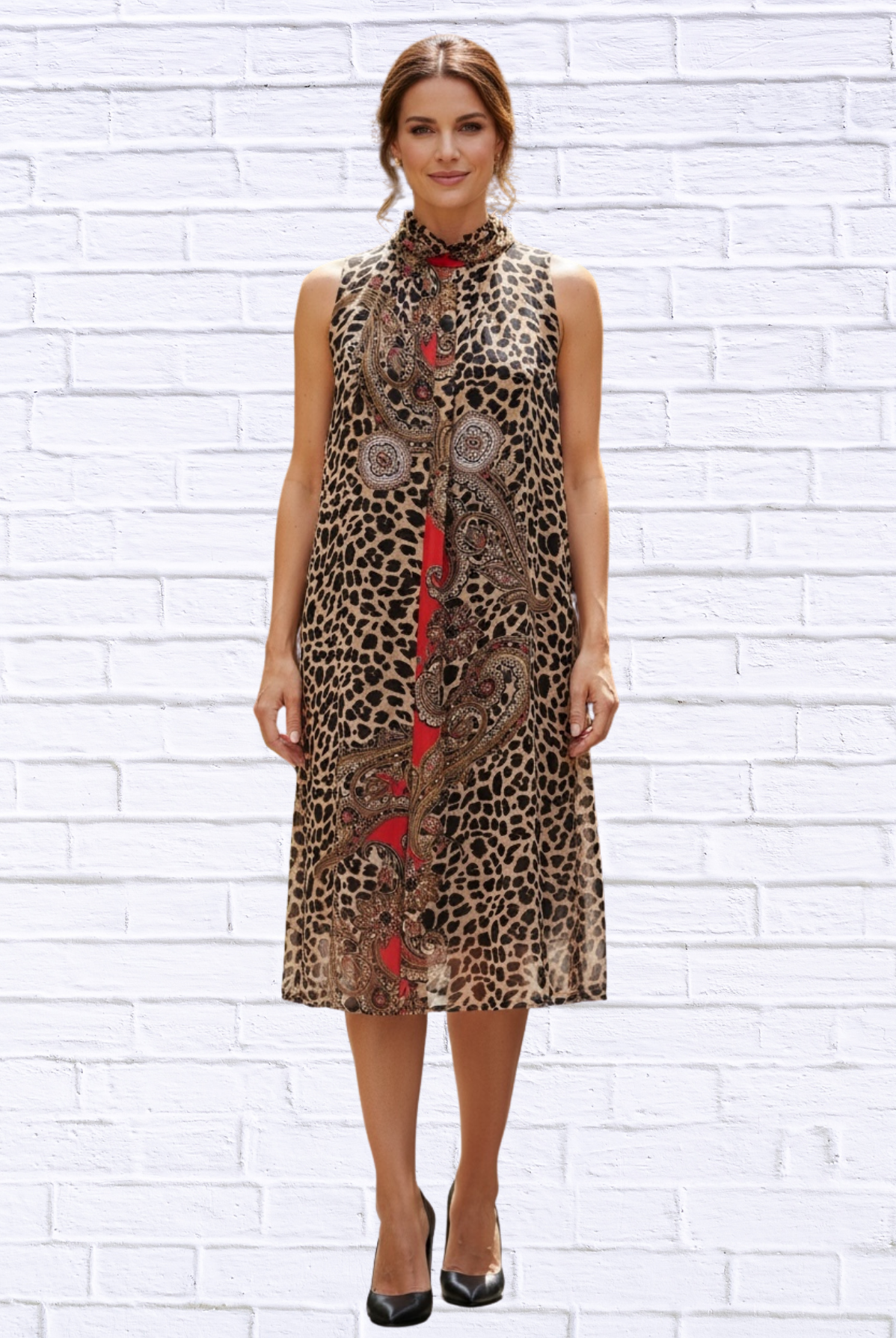 Animal and Paisley Print Sleeveless Maxi Dress – High Neck Bow Detail Flowy Woven Dress