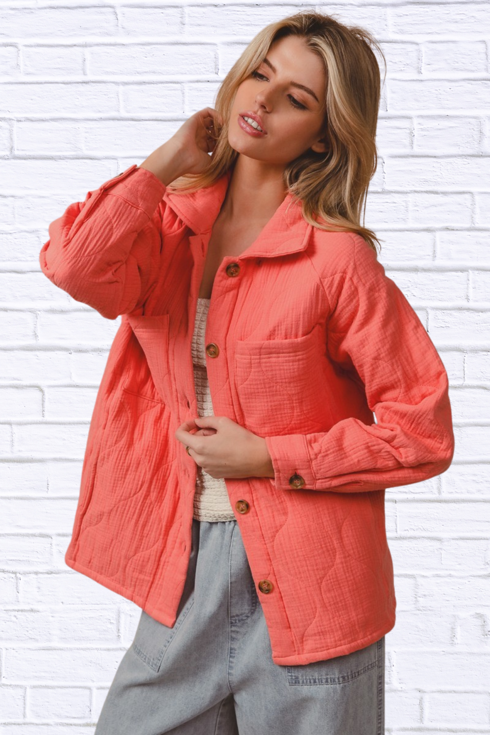 BiBi Quilted Wrinkle Gauze Long Sleeve Shacket