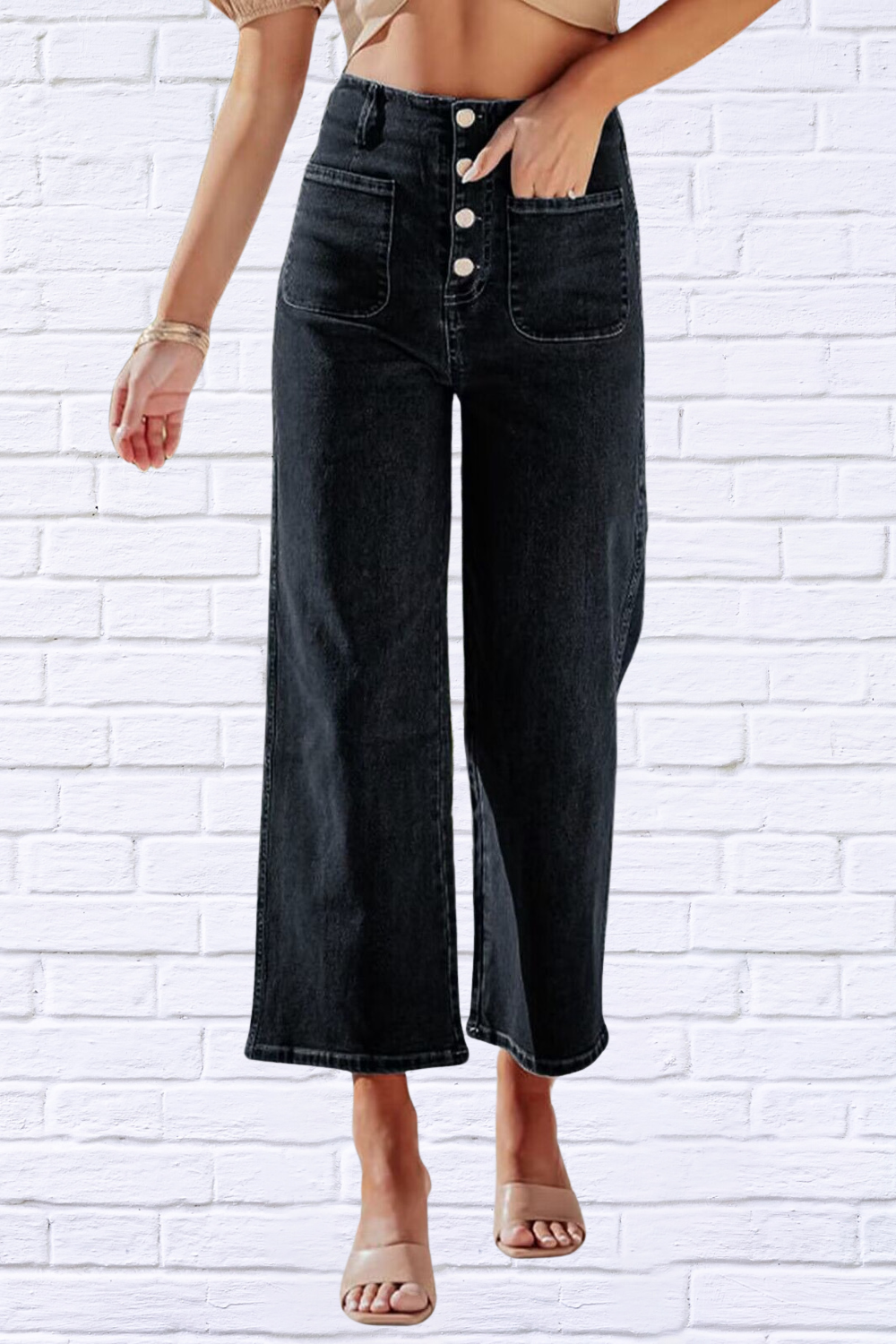 Button Fly Cropped Wide Leg Jeans