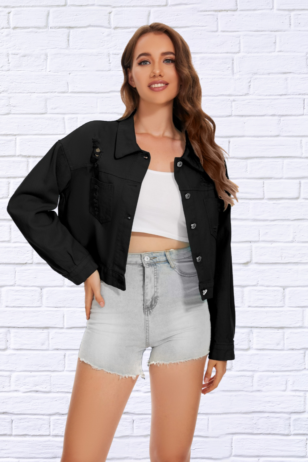 Distressed Distressed Button Up Denim Jacket