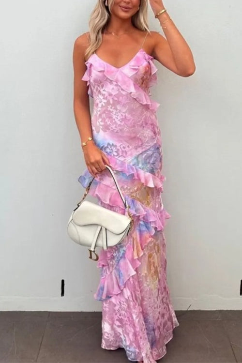 Spaghetti Strap Backless Ruffle Trim Printed Maxi Dress