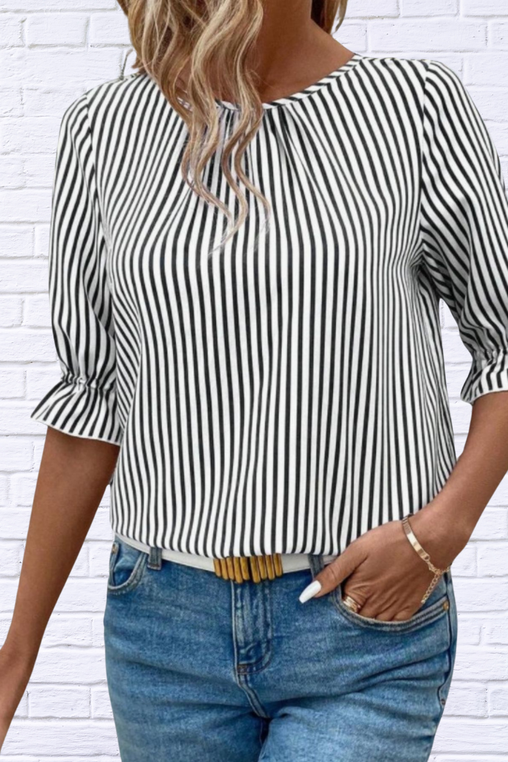 Striped Round Neck Half Sleeve Casual Blouse