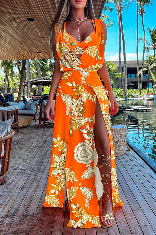 V Neck High Slit Maxi Cover Up Dress with Crop Cami Top Beach Set Gold