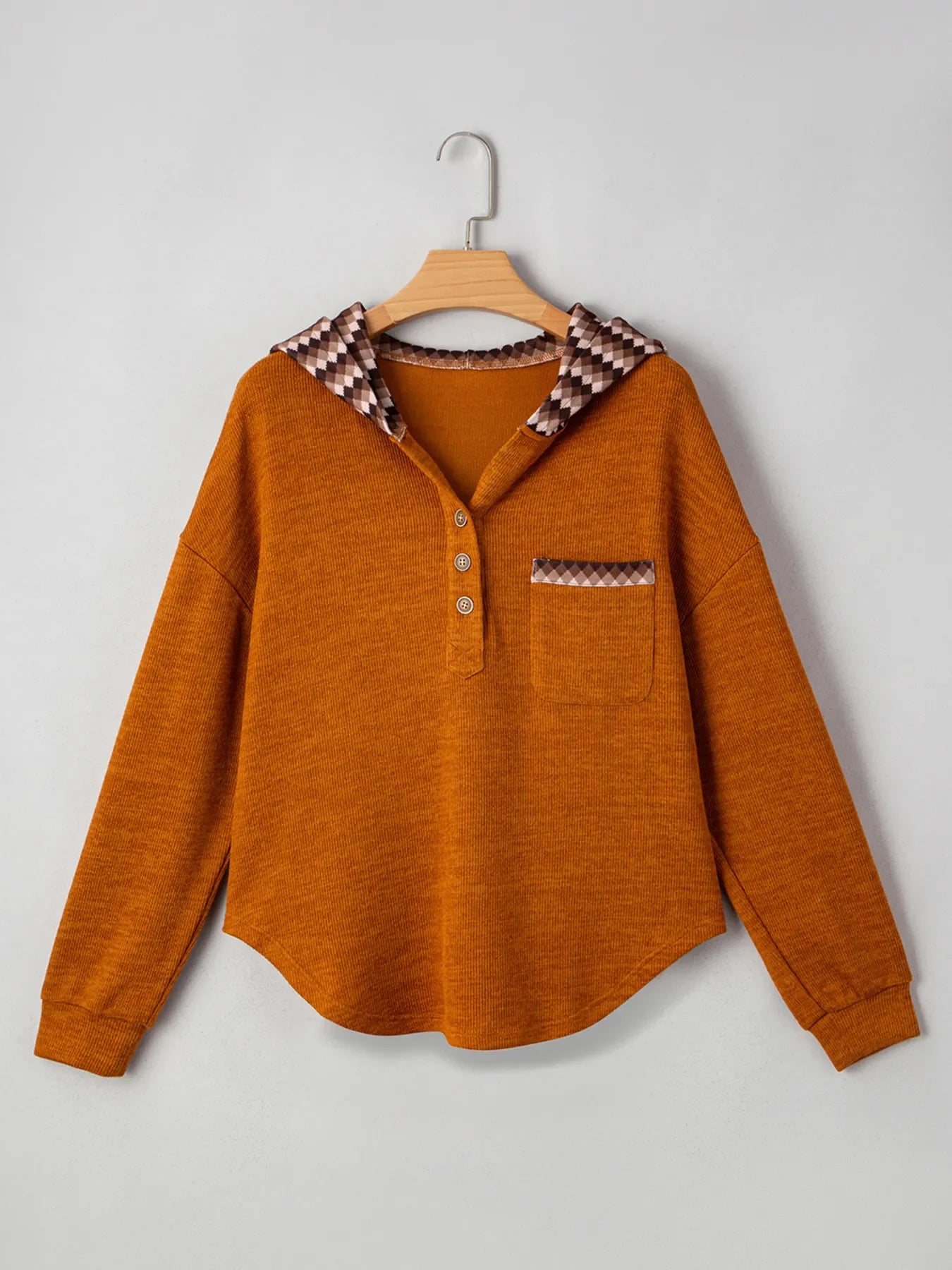 Contrast Plaid Hood Patchwork Chest Pocket Henley Top