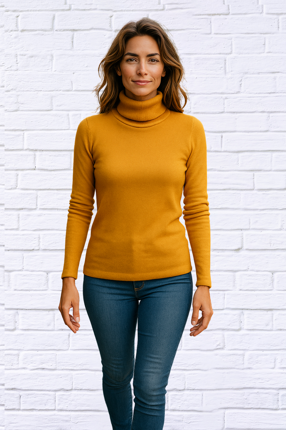 Dark Mustard Ribbed Brushed Hacci Cowl Turtleneck Long Sleeve Top