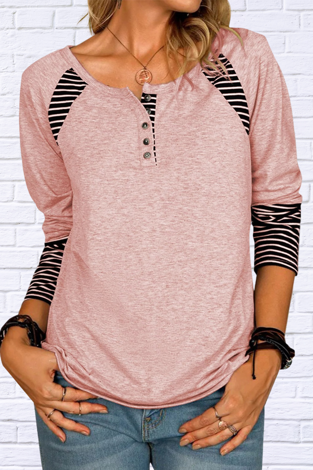 Full Size Striped Quarter Button Long Sleeve T-Shirt