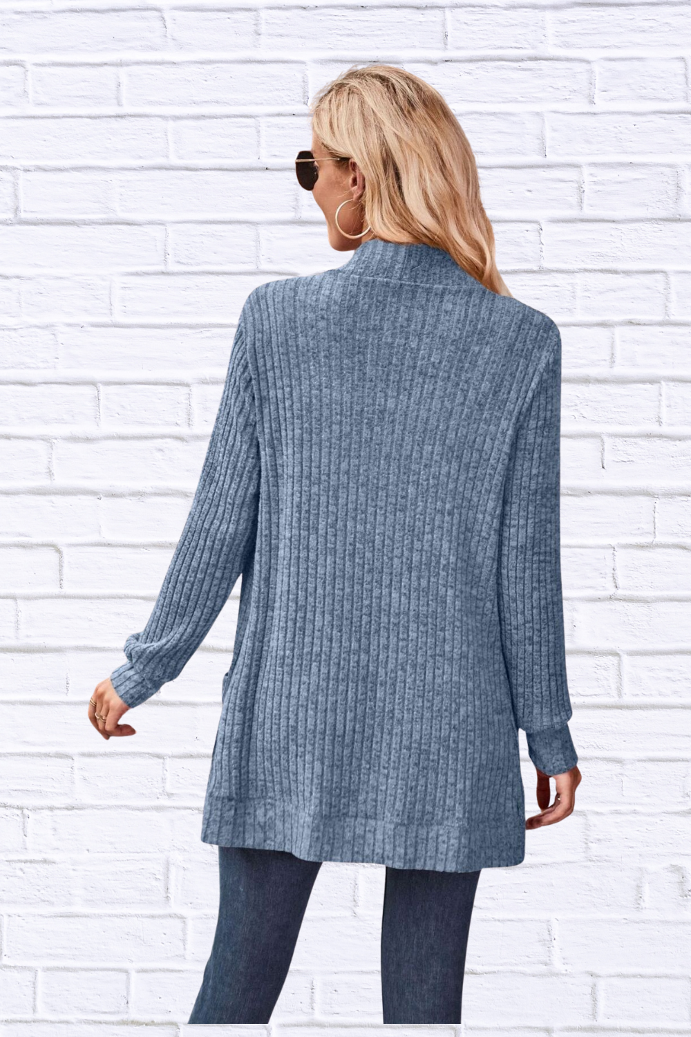 Ribbed Open Front Long Cardigan with Pockets