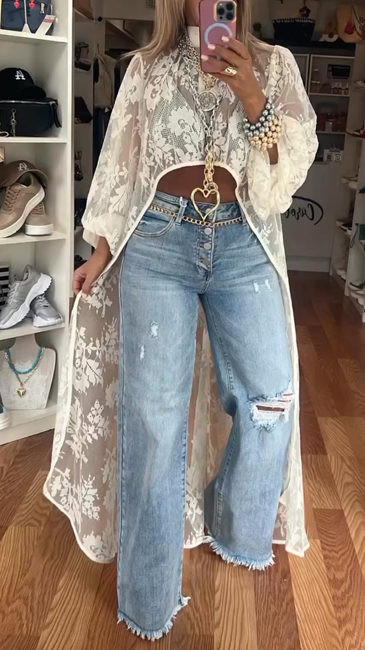 Round Neck Lace Short Front and Long Back Casual Top