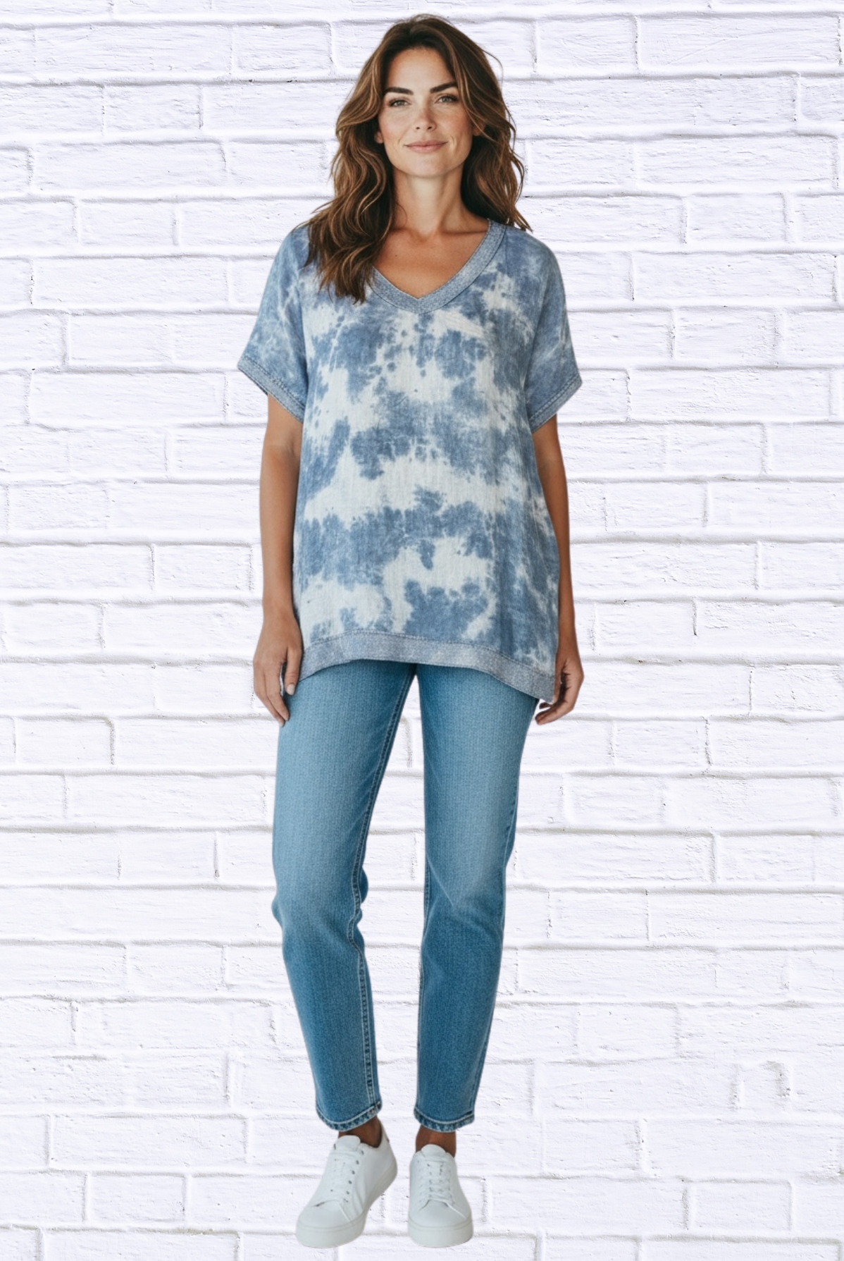 Washed Linen V-Neck Top with Silver Thread Trim – Relaxed Short Sleeve Casual Chic Blouse