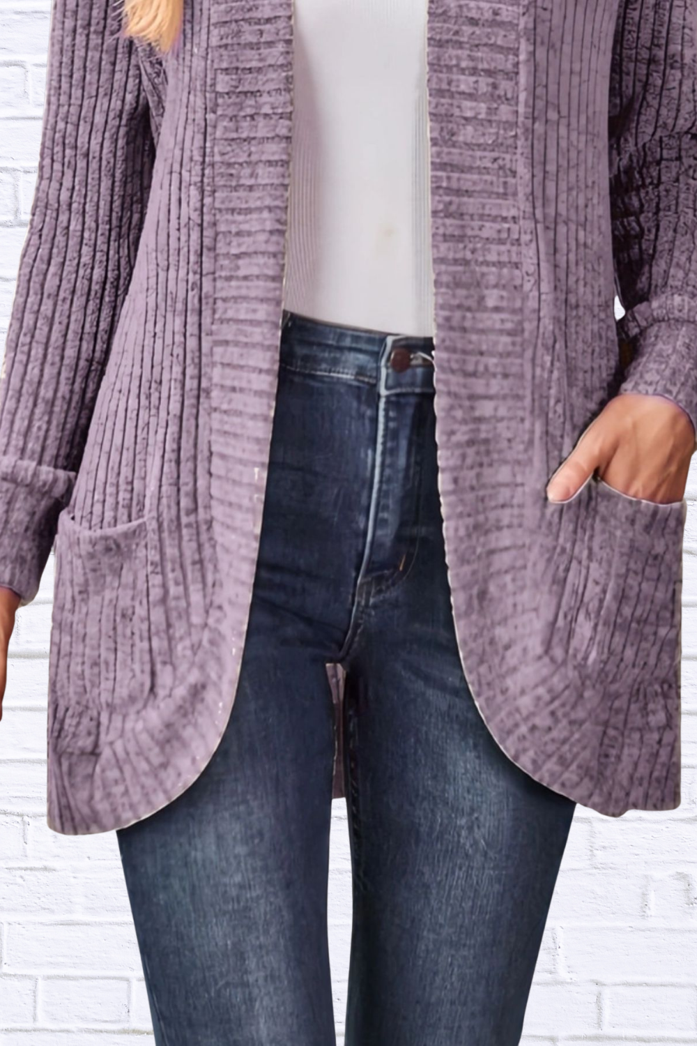Ribbed Open Front Long Cardigan with Pockets