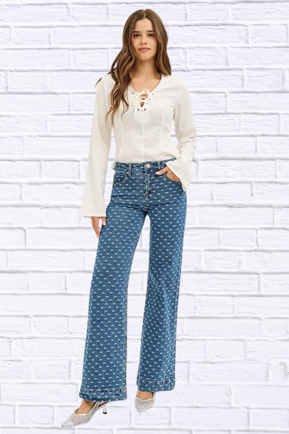 RISEN High Rise Wide Leg Bow Embroidered Jeans