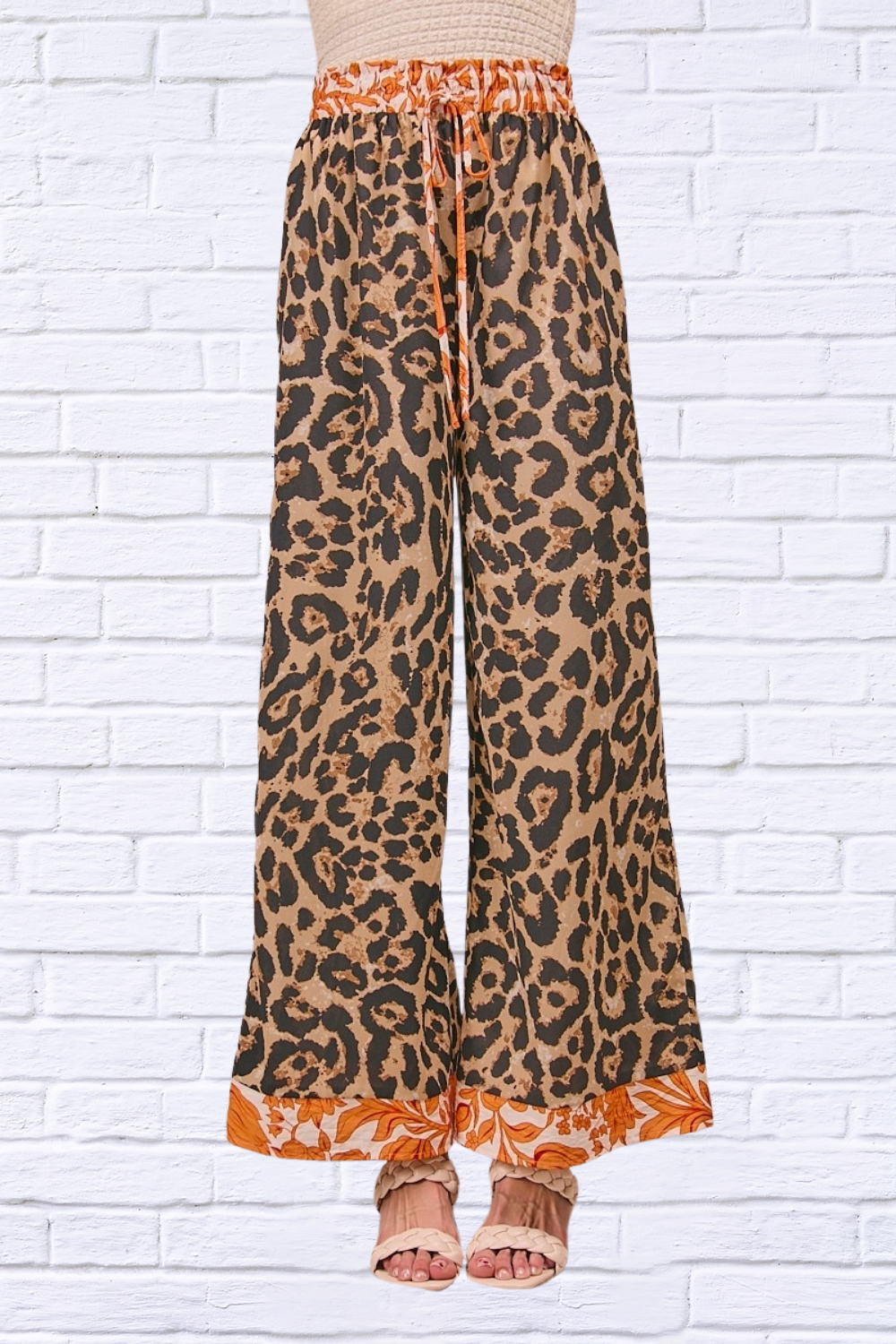 Leopard Print With Contrast Banded Wide Pants