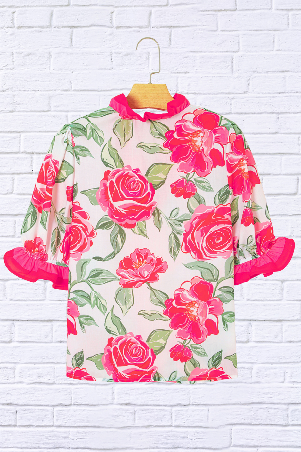 Floral Frilled V-Neck Short Sleeve Blouse