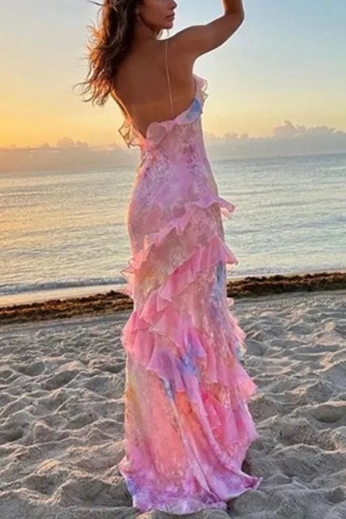 Spaghetti Strap Backless Ruffle Trim Printed Maxi Dress
