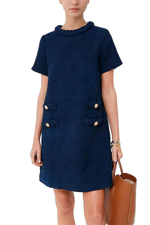 Elegant Crewneck Short Sleeves Buttons Tweed Dress DarkBlue