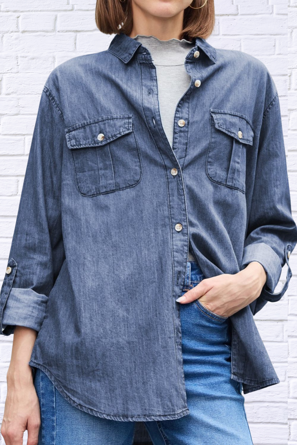 Pocketed Collared Neck Long Sleeve Dandy Denim Top