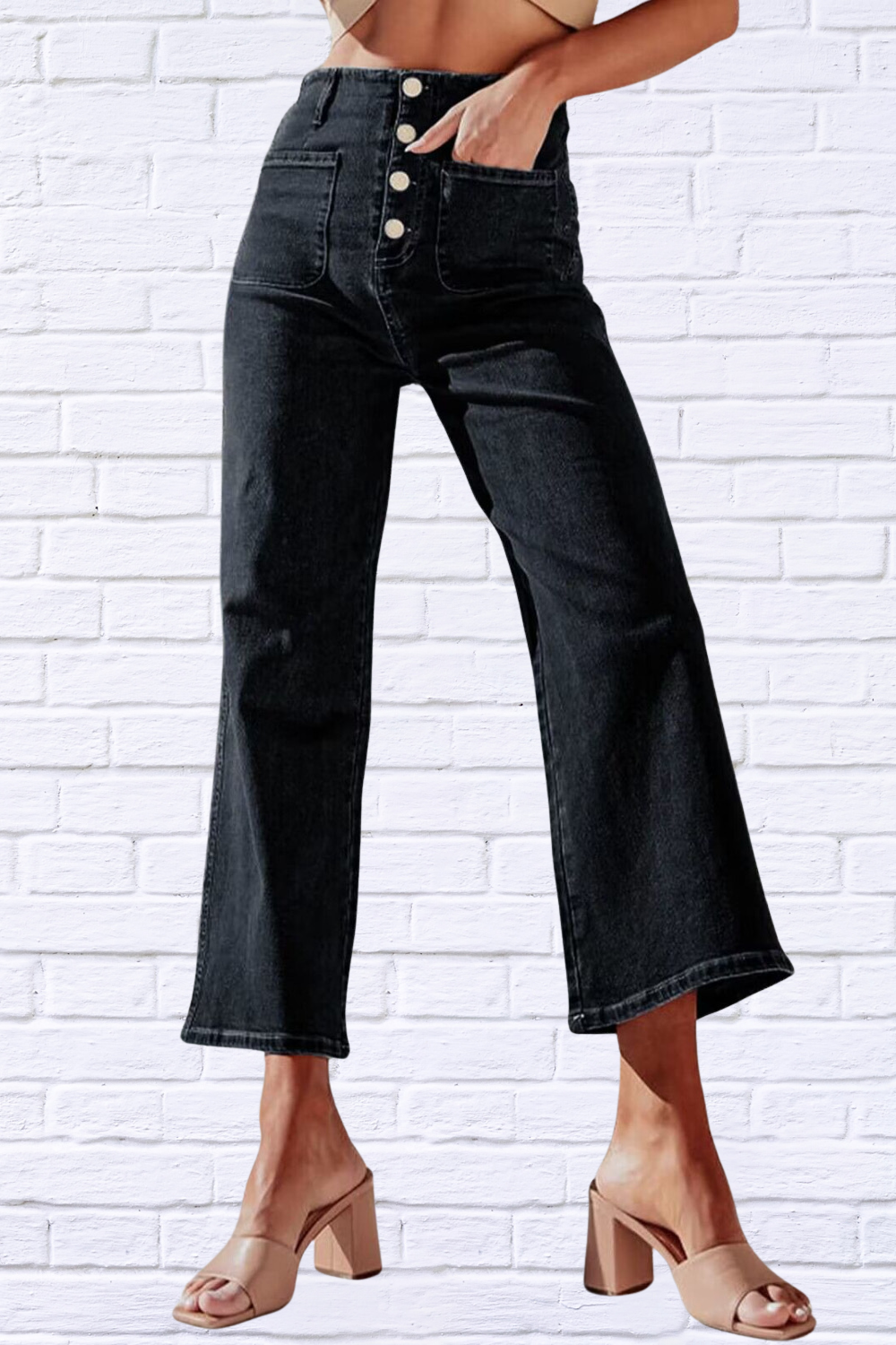 Button Fly Cropped Wide Leg Jeans