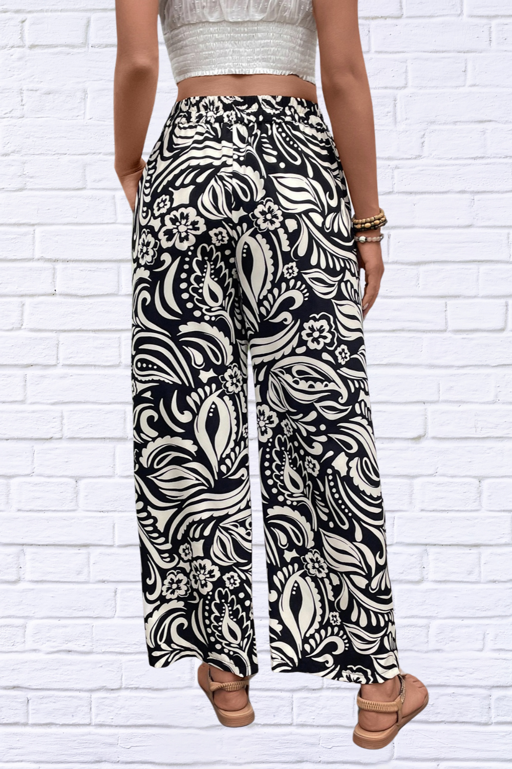 Printed Foliage Black and White  Wide Leg Pants