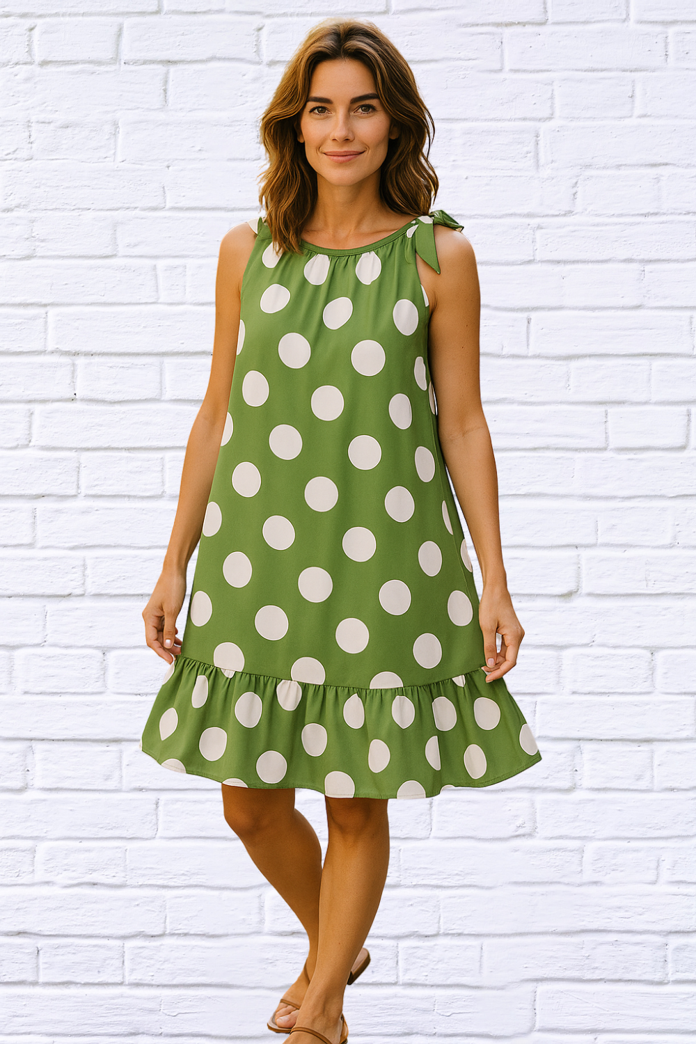 Tie Neck Gauged Trapeze Dress - GREEN POLKA DOT - | Diva USA