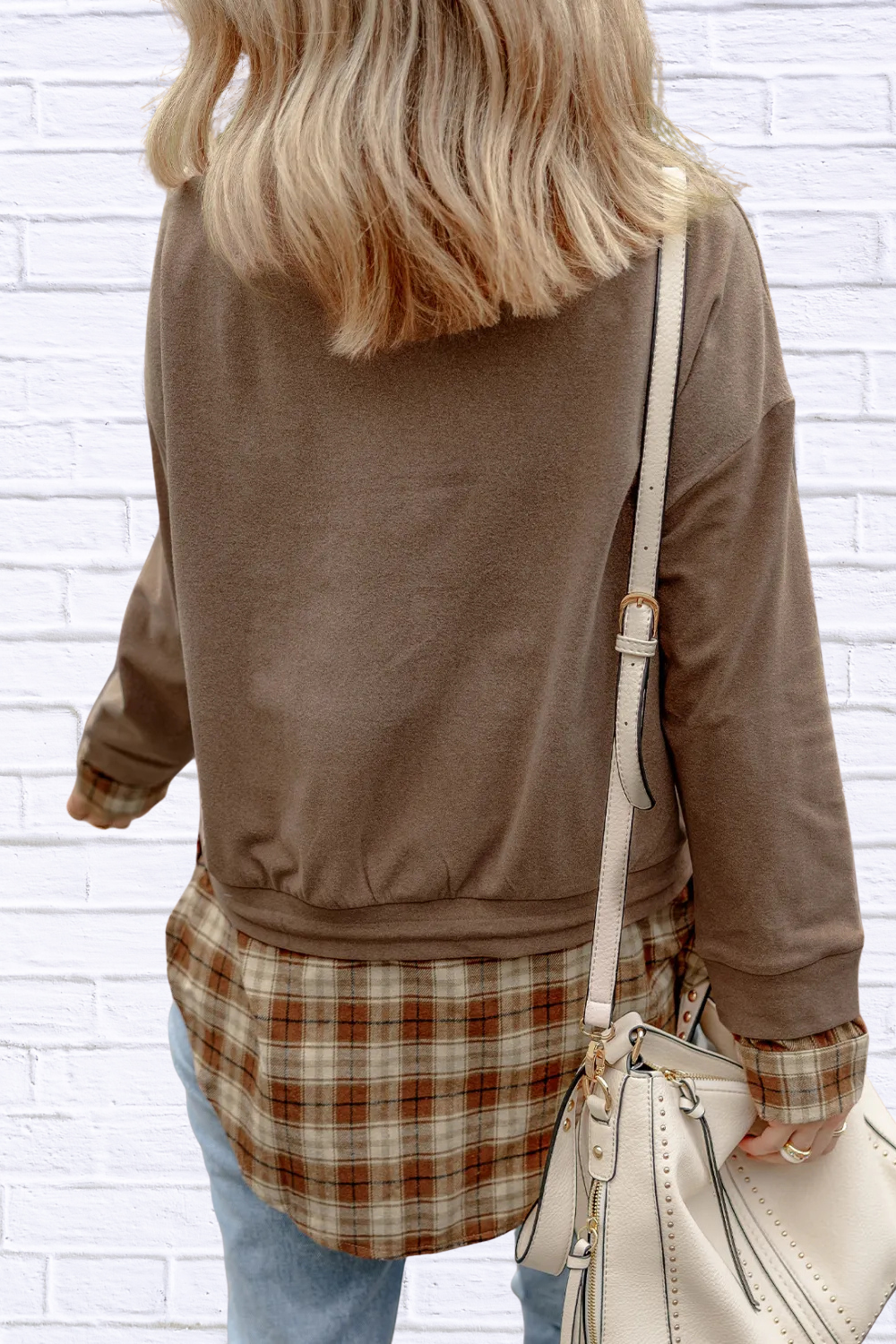 Drawstring Plaid Turtleneck Long Sleeve Top