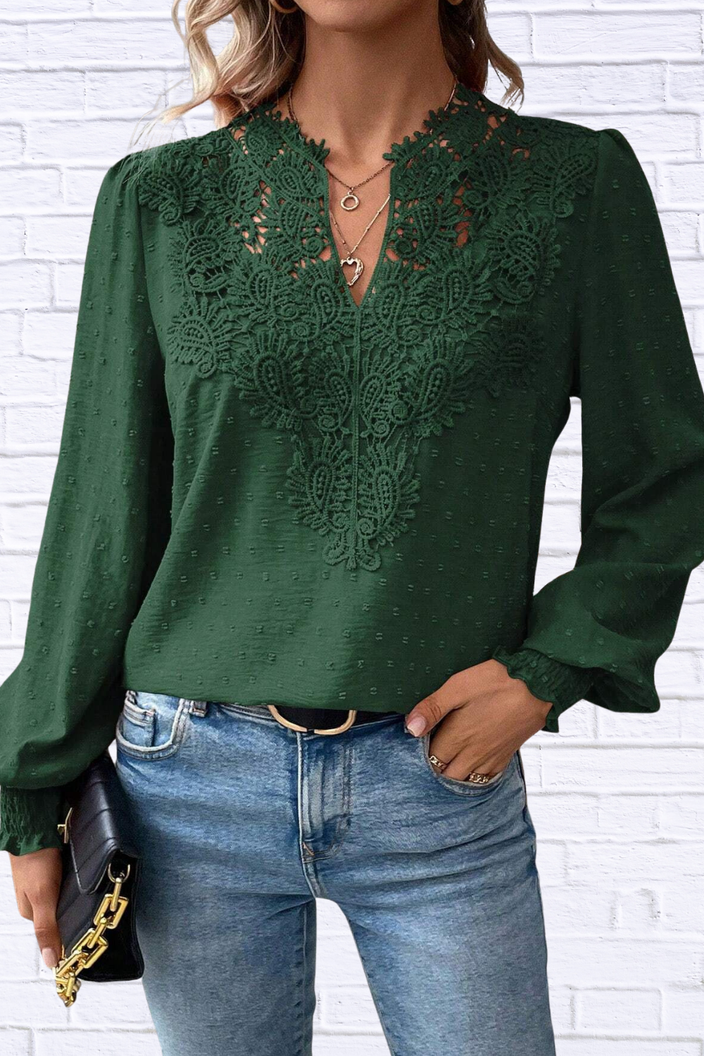 Swiss Dot Lace Detail Long Sleeve Blouse