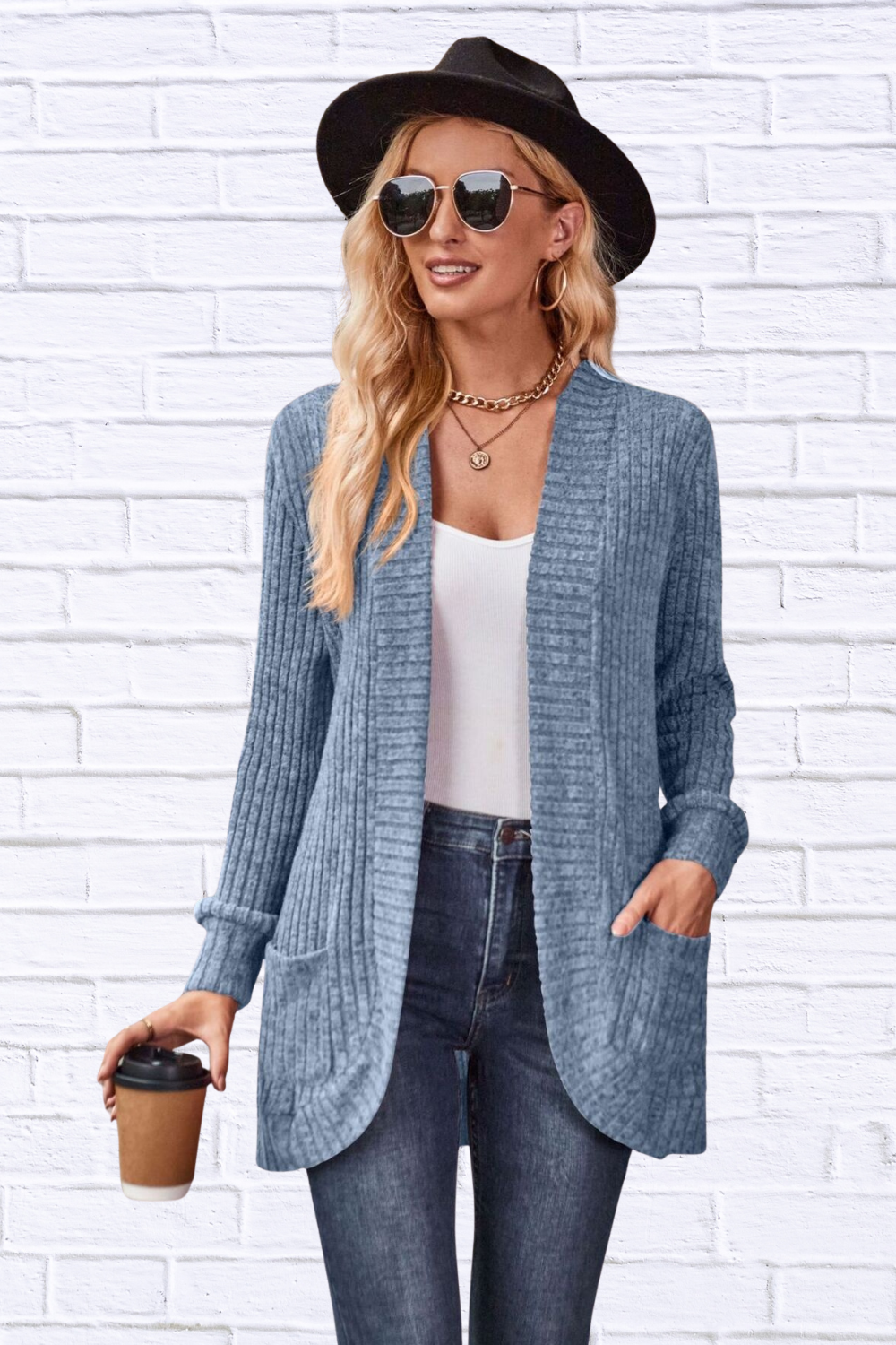 Ribbed Open Front Long Cardigan with Pockets