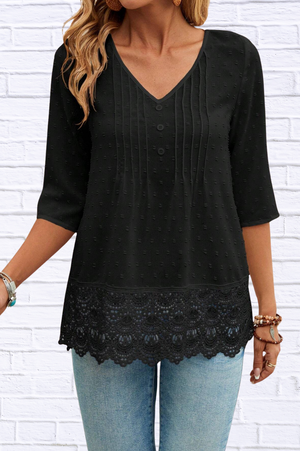 Lace Hem V-Neck Blouse