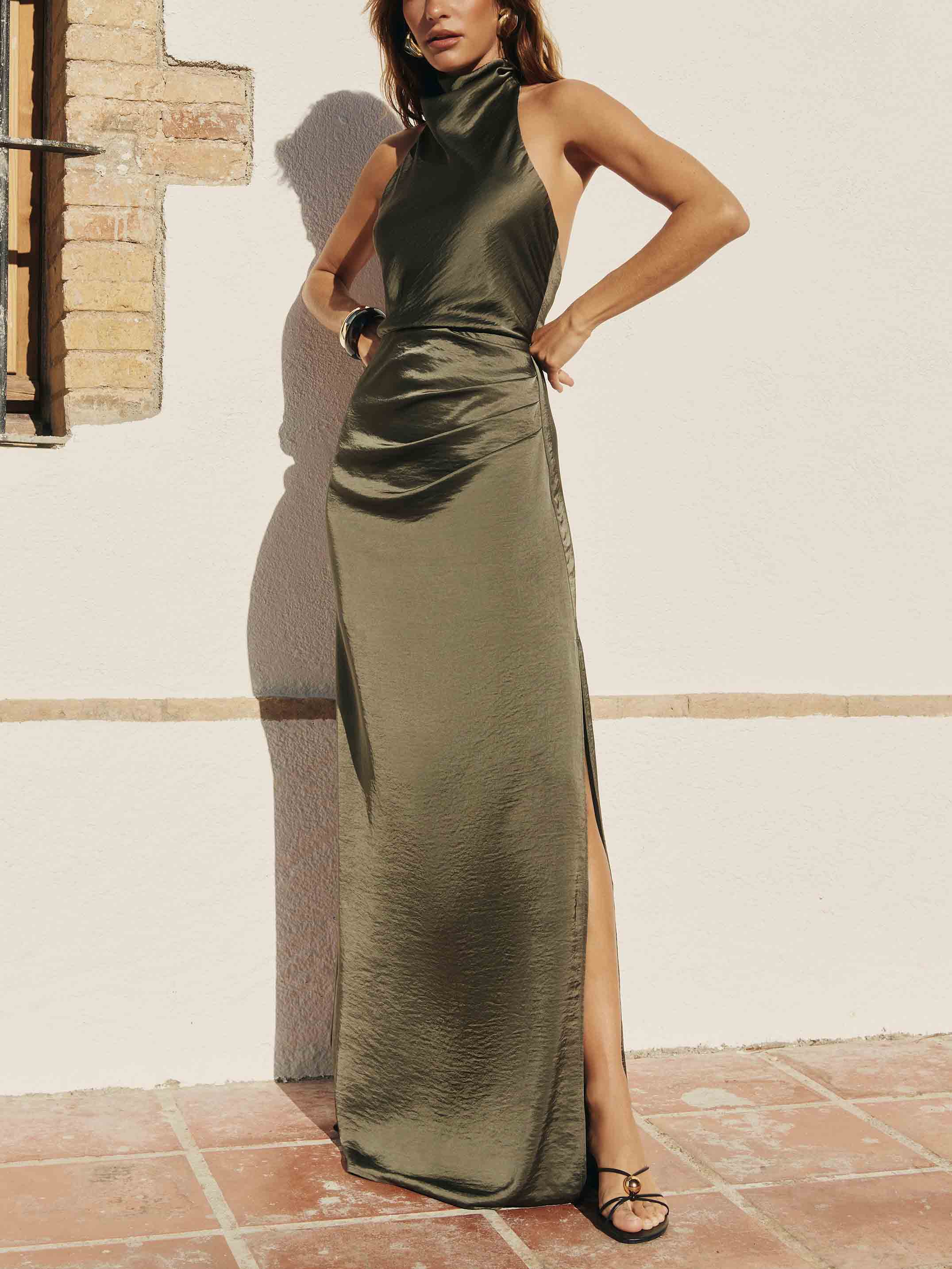 Elegant Holders Corner Satin Pleated Maxi Dress