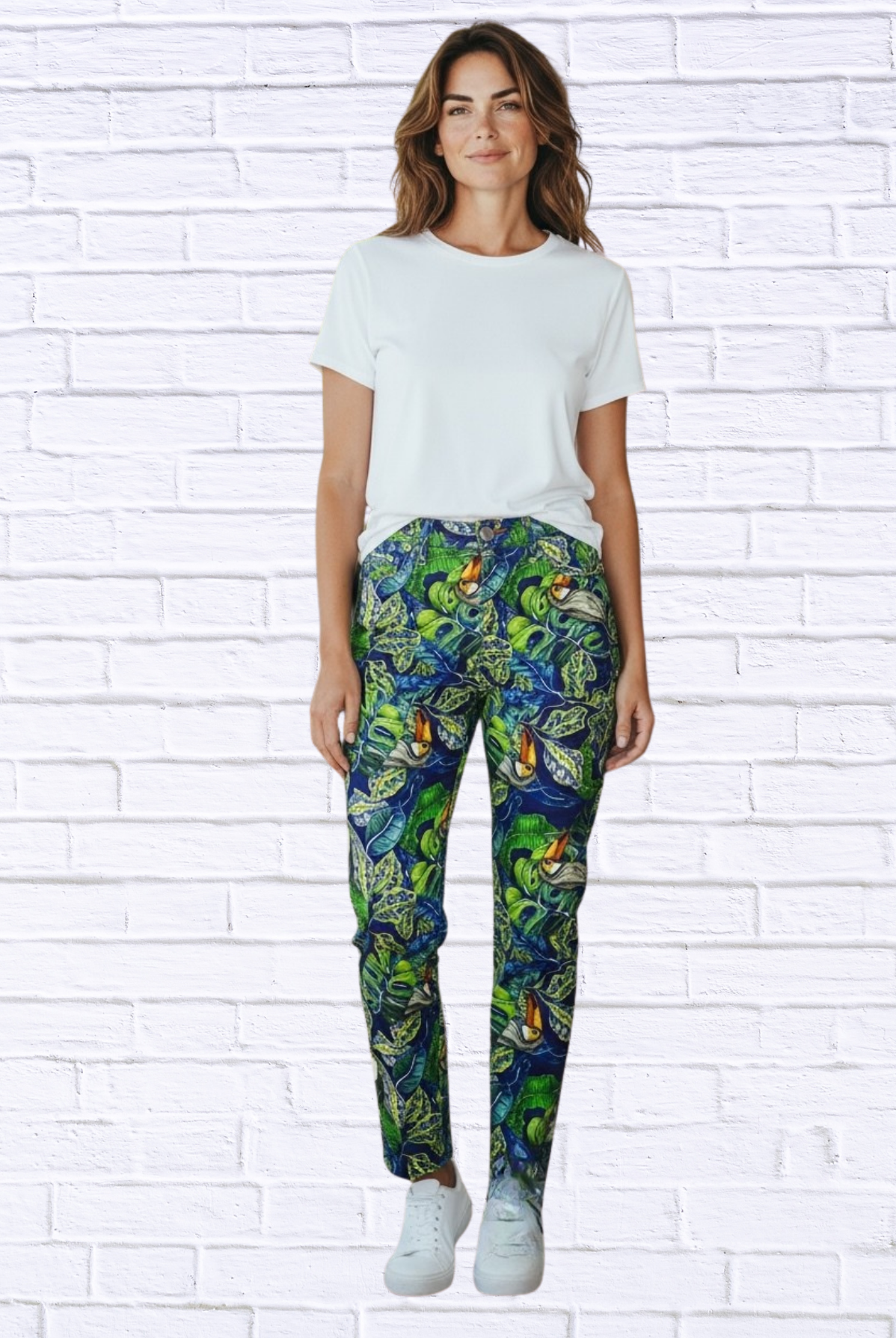Tropical Toucan Print Slim Ankle Straight Leg Cotton Sateen Pants